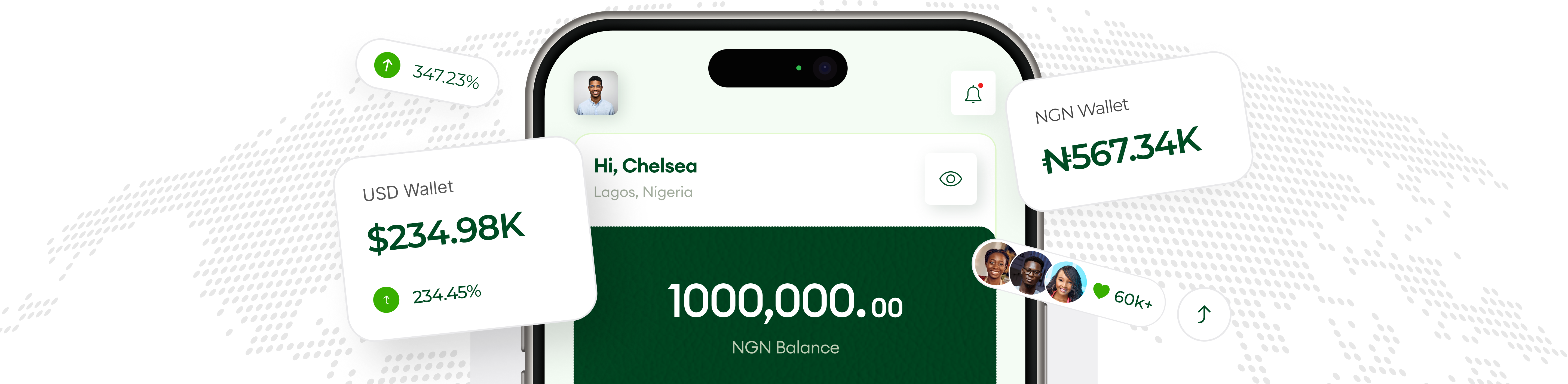 Trybal app showing global transfers, USD wallet, and multi-currency features